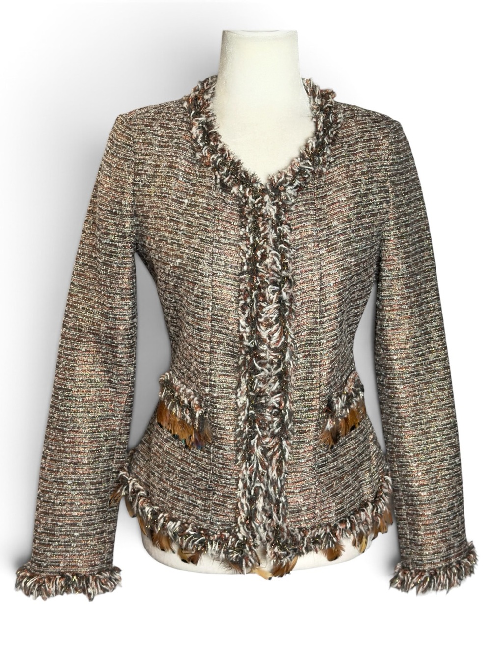 Boston Proper Tweed Bouclé Blazer With Chain Fringe And Feathers Boho Size 4